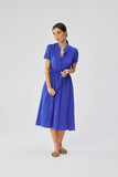 Elegant Flared Viscose Dress with Belt and Stand-Up Collar