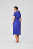 Elegant Flared Viscose Dress with Belt and Stand-Up Collar