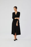 Elegant A-Line Viscose Dress with Tied Cuffs and Belt