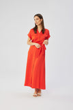 Elegant Button-Down Maxi Dress with Tie Belt and Flared Cut