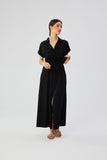 Elegant Button-Down Maxi Dress with Tie Belt and Kimono Sleeves