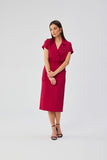Elegant Midi Dress with Unique Cut and Belted Waist