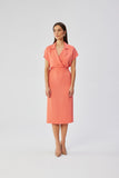 Elegant Midi Dress with Unique Cut and Belted Waist