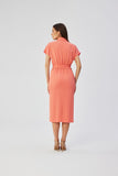 Elegant Midi Dress with Unique Cut and Belted Waist