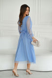 Flared Layered Midi Dress with Brocade Mesh Trim