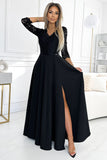 Elegant Black Lace Long Dress with V-Neck and Slit