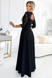 Elegant Black Lace Long Dress with V-Neck and Slit