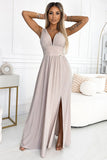 Elegant Beige Long Gown with Leg Slit and Neckline