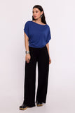 Elegant Viscose Knit Blouse with Pleated Hem and Bat Sleeves
