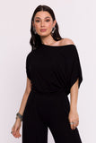 Elegant Viscose Knit Blouse with Pleated Hem and Bat Sleeves