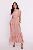 Sophisticated Maxi Dress with Open Back and Ruffle Hem