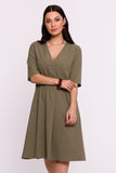 Elegant Trapezoid Fabric Dress with Short Sleeves and Pockets