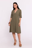 Elegant Trapezoid Fabric Dress with Short Sleeves and Pockets