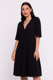 Elegant Trapezoid Fabric Dress with Short Sleeves and Pockets