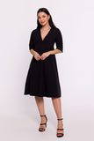 Elegant Trapezoid Fabric Dress with Short Sleeves and Pockets