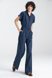Elegant Waisted Denim Jumpsuit with V-Neckline and Cuffs