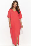 Elegant Short Sleeve Long Dress with Front Slit & Gold Detail