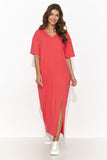 Elegant Short Sleeve Long Dress with Front Slit & Gold Detail