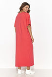 Elegant Short Sleeve Long Dress with Front Slit & Gold Detail