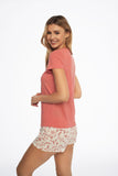 Summer Cotton Pajama Set with Cute Print and Leafy Shorts