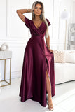 Maroon Long Satin Maxi Dress with Leg Slit & Envelope Neckline