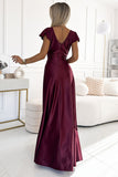 Maroon Long Satin Maxi Dress with Leg Slit & Envelope Neckline