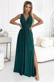 Elegant Green Brocade Long Gown with Neckline & Leg Slit