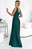 Elegant Green Brocade Long Gown with Neckline & Leg Slit