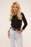 Elegant Ribbed Knit Long Sleeve Blouse with Semicircular Neckline
