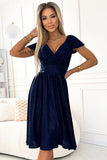 Navy Blue Blushed Dress with Envelope Neckline & Short Sleeves