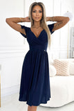 Navy Blue Blushed Dress with Envelope Neckline & Short Sleeves
