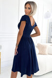 Navy Blue Blushed Dress with Envelope Neckline & Short Sleeves