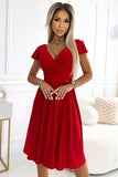 Red Flared Dress with Envelope Neckline and Short Sleeves