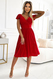 Red Flared Dress with Envelope Neckline and Short Sleeves