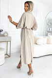 Beige Dress with Gold Buttons and Waist Tie for Elegant Style