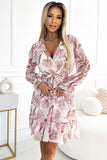 Beige Floral Chiffon Dress with Ruffle and Long Sleeves