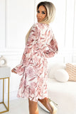 Beige Floral Chiffon Dress with Ruffle and Long Sleeves