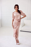 Elegant Satin Midi Skirt with Front Slit and Crease Detail