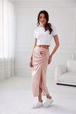 Elegant Satin Midi Skirt with Front Slit and Crease Detail