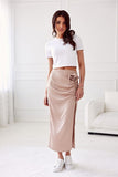 Elegant Satin Midi Skirt with Front Slit and Crease