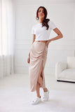 Elegant Satin Midi Skirt with Front Slit and Crease