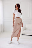 Elegant Satin Midi Skirt with Front Slit and Crease