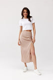 Elegant Satin Midi Skirt with Front Slit and Crease
