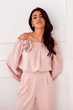 Elegant Satin Spanish Blouse with Decorative Rose Detail