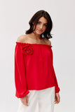 Elegant Satin Spanish Blouse with Decorative Rose Detail