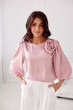 Elegant Satin Blouse with Rose Detail and 3/4 Sleeves