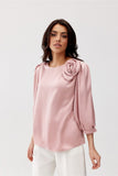 Elegant Satin Blouse with Rose Detail and 3/4 Sleeves
