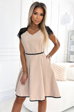 Beige Flared Lace Insert Dress with Pockets and Belt