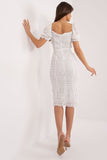 Elegant Midi Pencil Dress with Unique Pattern and Puff Sleeves