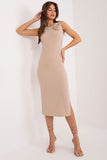 Elegant Ribbed Midi Dress with Decorative Flower Detail